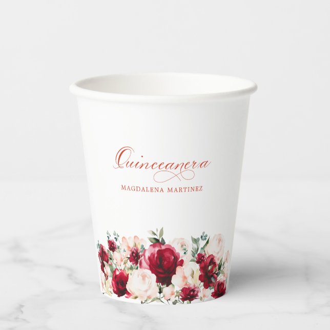 Quinceane Party Rote Rose Pink Peony Custom Pappbecher (Vorderseite)