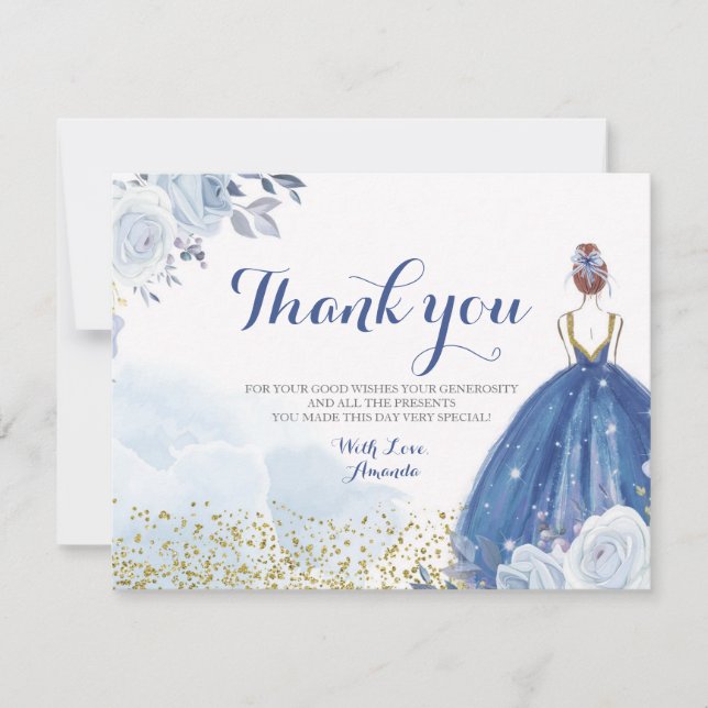 Quinceañera 15 Anos Blue Flowers Carte de remercie (Devant)