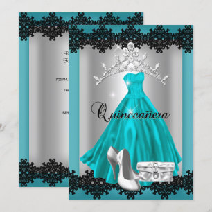 Quinceanera 15. Aquamarin Black Silver Diamond Tia Einladung