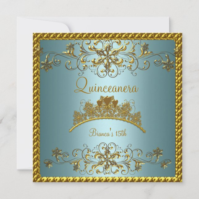 Quinceanera 15. Aquamarin Blue Gold Tiara Einladung (Vorderseite)