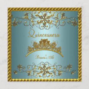 Quinceanera 15. Aquamarin Blue Gold Tiara Einladung