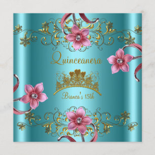 Quinceanera 15. Aquamarin Blue Pink Blume Gold Tia Einladung