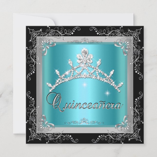 Quinceanera 15. Aquamarin Blue Silver Tiara Black Einladung (Vorderseite)