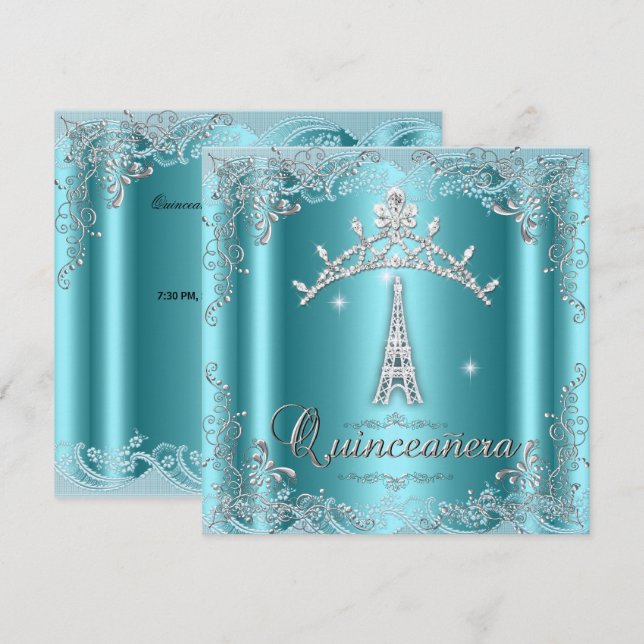 Quinceanera 15 Aquamarin Blue Silver Tiara Eiffel  Einladung (Vorne/Hinten)