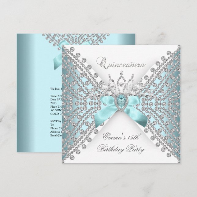 Quinceanera 15. Aquamarin Blue Silver White Diamon Einladung (Vorne/Hinten)