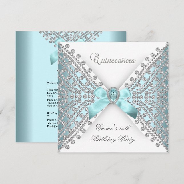 Quinceanera 15. Aquamarin Blue White Imitats Diamo Einladung (Vorne/Hinten)