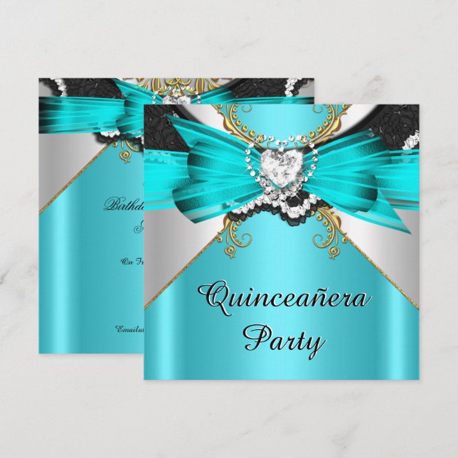 Quinceanera 15 Aquamarin Gold Lace Jeweled Party Einladung (Vorne/Hinten)