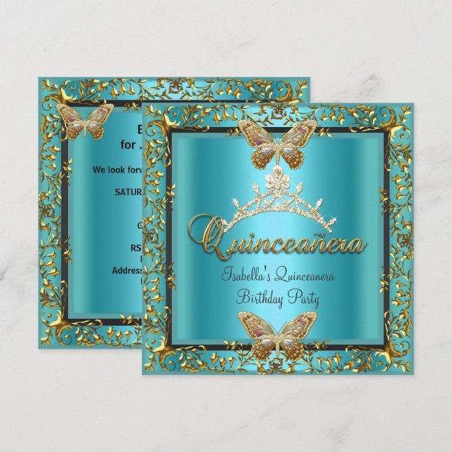 Quinceañera 15. Aquamariner Blauer Goldschmetterli Einladung (Vorne/Hinten)