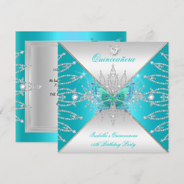 Quinceanera 15. Aquamariner Silberschmetterling Ti Einladung (Vorne/Hinten)