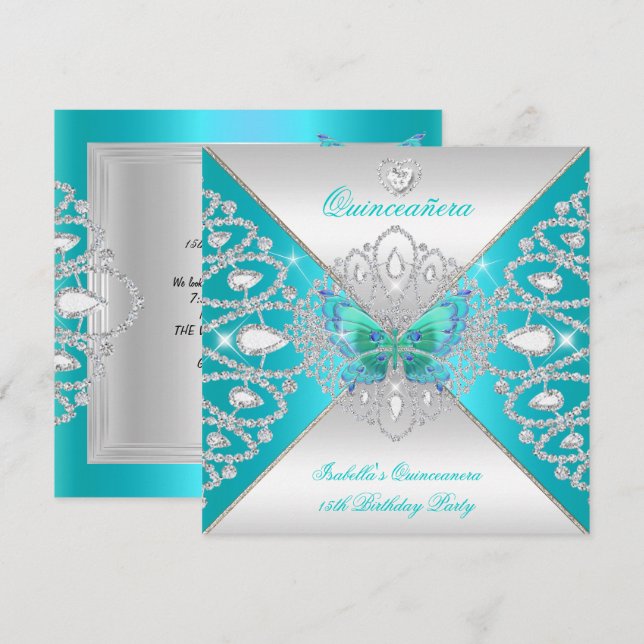 Quinceanera 15. Aquamariner Silberschmetterling Ti Einladung (Vorne/Hinten)