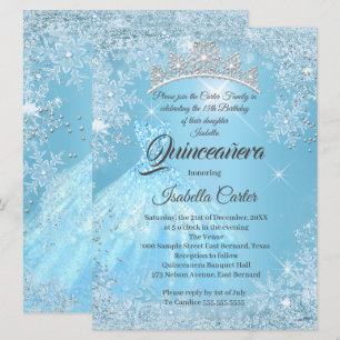 Quinceanera 15. Aschenputtel Blau Schneeblume Wint Einladung