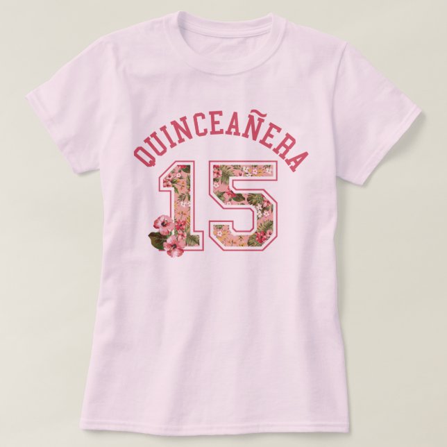 Quinceanera 15 athletische rosa Blumen T-Shirt (Design vorne)