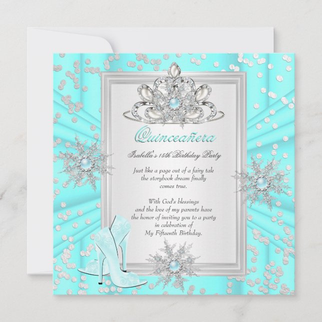 Quinceanera 15 Birthday Light Aquamarin Blue Heels Einladung (Vorderseite)