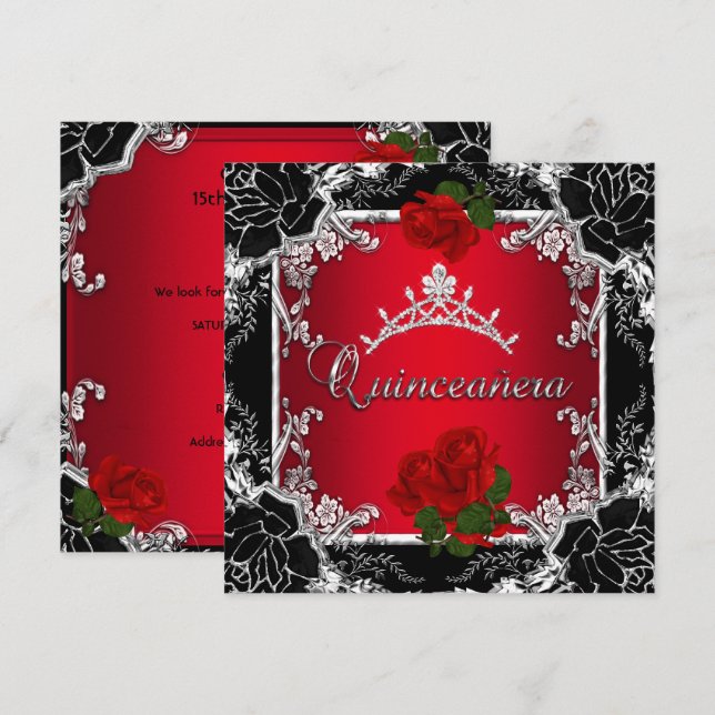 Quinceañera 15 Black Silver Tiara Rote Rose Floral Einladung (Vorne/Hinten)