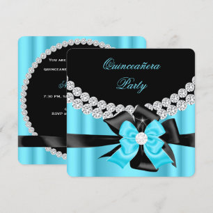 Quinceanera 15. Blau Silber Schwarz Bogen Diamante Einladung