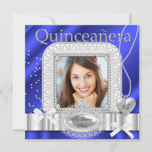 Quinceanera 15. Blauer Weißer Spitzenpearl Foto Einladung