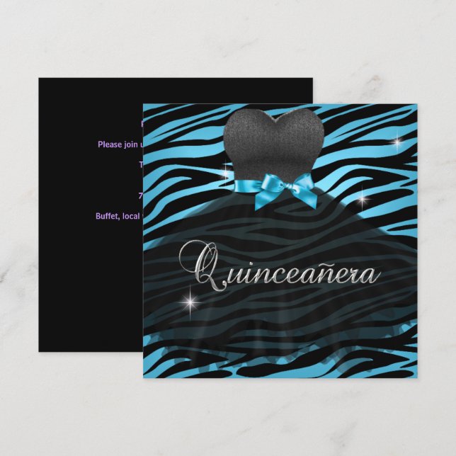 Quinceanera 15. Blue Black Zebra Dress Einladung (Vorne/Hinten)