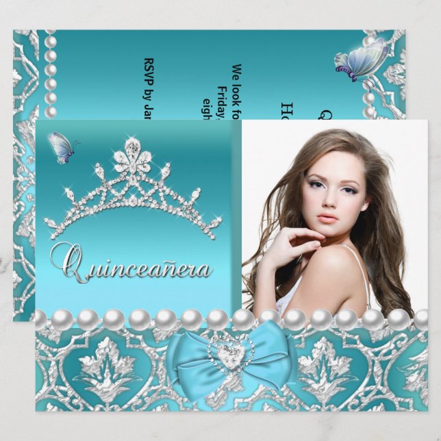 Quinceanera 15. Blue Damask Butterfly Foto hinzufü Einladung (Vorne/Hinten)