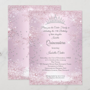 Quinceanera 15. Blush Pink Snowflake Winter Einladung