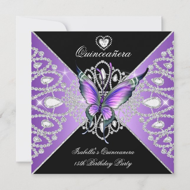 Quinceanera 15. Butterfly Lila Black Tiara Einladung (Vorderseite)