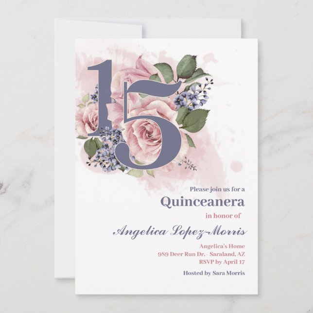 Quinceañera 15. Chic Floral Einladung (Vorderseite)