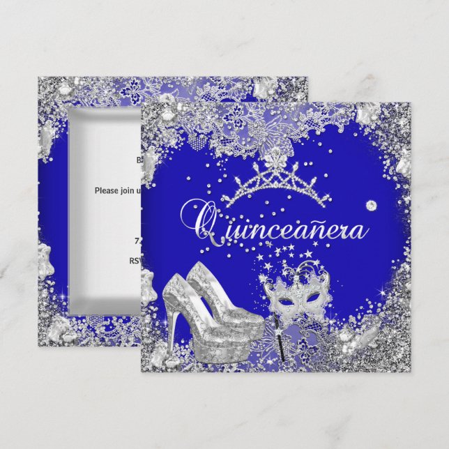 Quinceanera 15. Cobalt Blue Silver Maske Tiara Einladung (Vorne/Hinten)