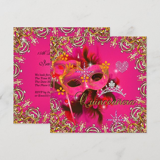 Quinceanera 15. Coral Pink Masquerade Party Gold Einladung (Vorne/Hinten)
