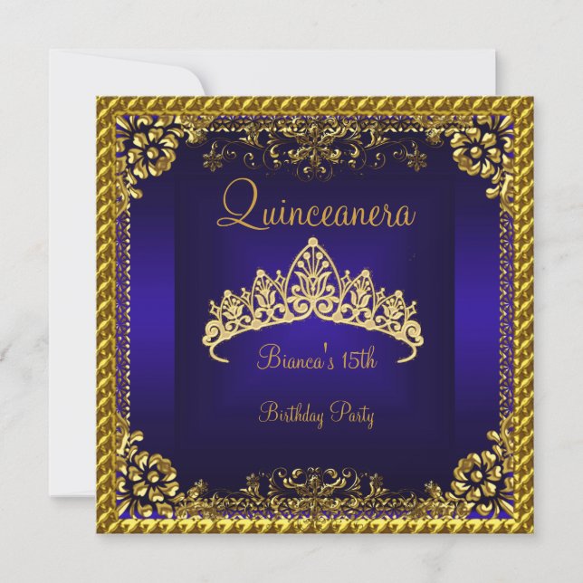 Quinceanera 15. Deep Blue Gold Diamond Tiara Einladung (Vorderseite)