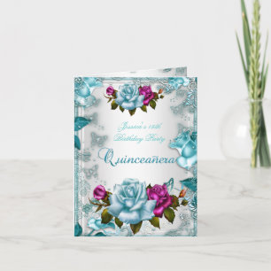 Quinceanera 15. Einladung Türkis Blau Weiß Rosa Ro