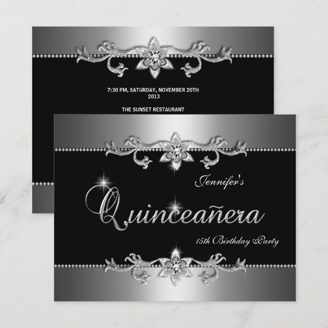 Quinceanera 15. Elegantes Black Silver Jewel Party Einladung (Vorne/Hinten)