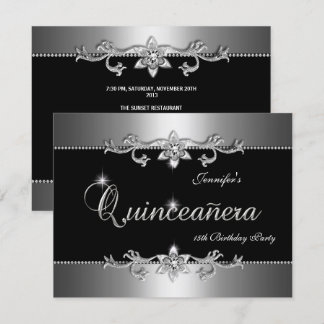 Quinceanera 15. Elegantes Black Silver Jewel Party Einladung