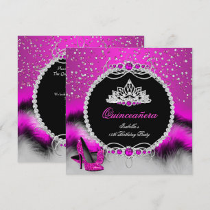 Quinceanera 15. Feather Hot Pink Glamour Heels Einladung