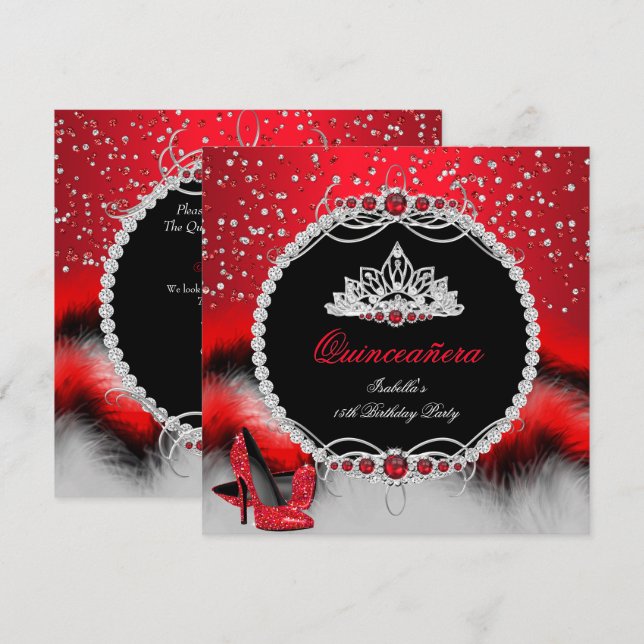 Quinceanera 15. Feather Red Pearl Glamour Heelse Einladung (Vorne/Hinten)
