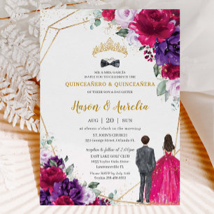 Quinceañera 15 Fuchsia Lila Lilac Floral Twins Einladung