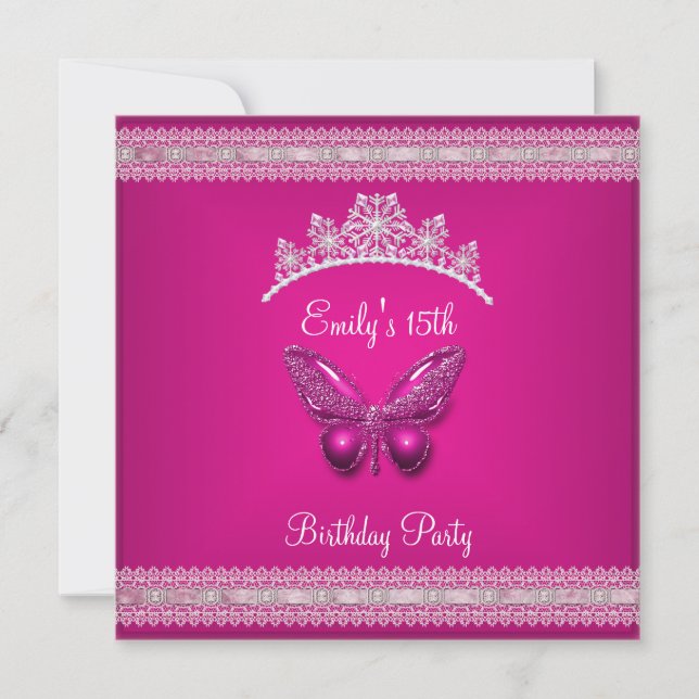 Quinceanera 15. Fushia Pink Tiara Butterfly Einladung (Vorderseite)