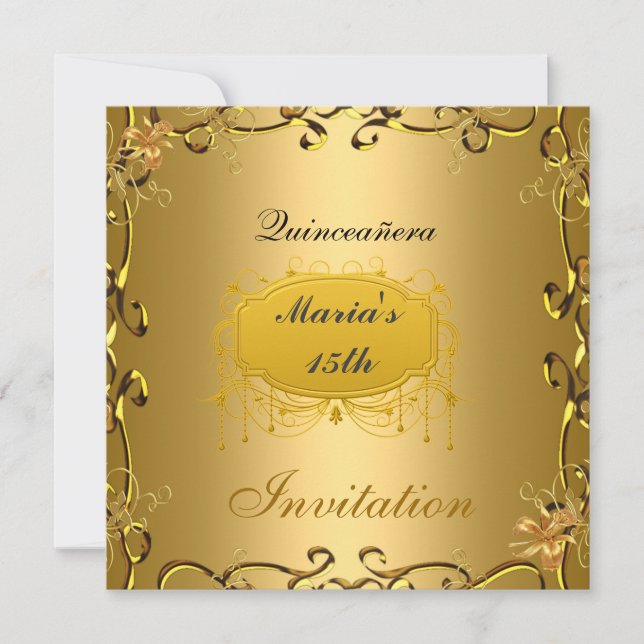 Quinceañera 15 Geburtstag Einladung Gold (Vorderseite)
