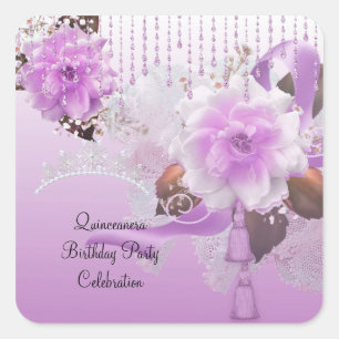 Quinceanera 15. Geburtstag Flieder Rosa Blumen Wei Quadratischer Aufkleber