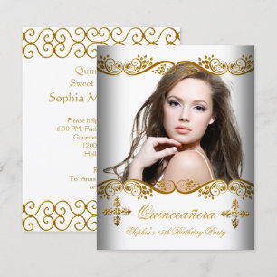 Quinceañera 15. Geburtstag Gold Weißes Spitzen Fot Einladung
