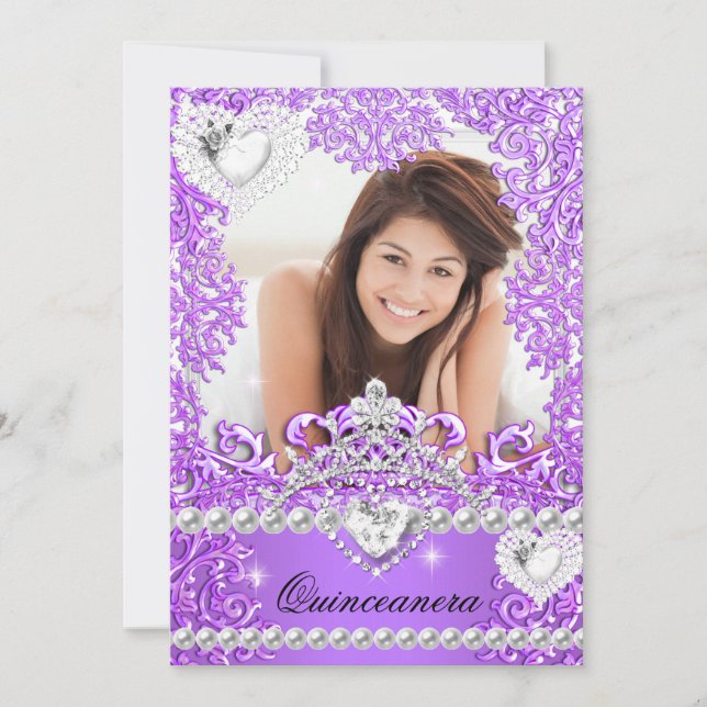 Quinceanera 15. Geburtstag Hot Lila Silver White Einladung (Vorderseite)