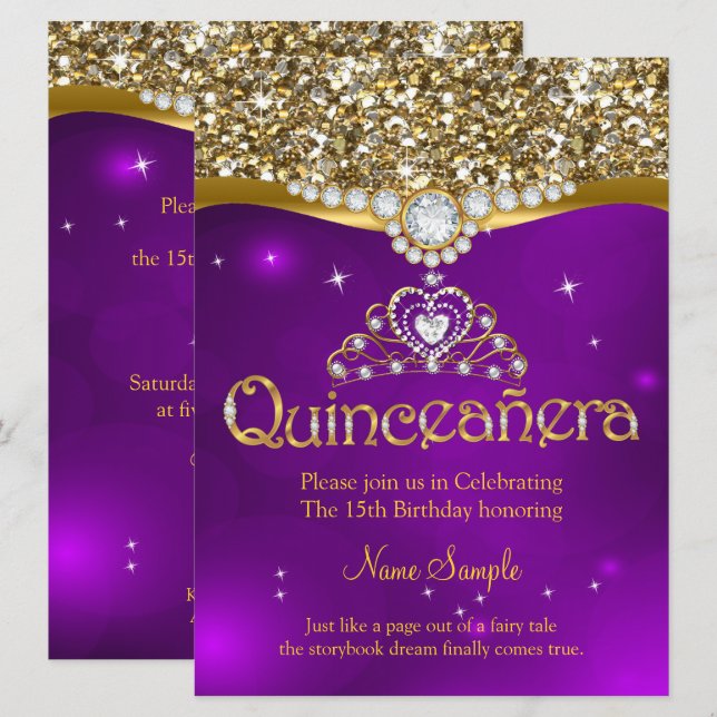 Quinceanera 15. Geburtstag Lila Glitzer Gold Einladung (Vorne/Hinten)