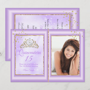 Quinceanera 15. Geburtstag Lilac Lila Gold Foto Einladung