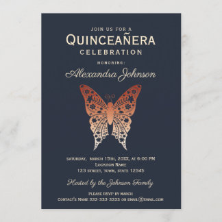 Quinceanera 15. Geburtstag Marine und Rose Gold Einladung