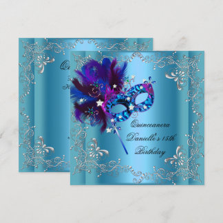 Quinceanera 15. Geburtstag Party Masquerade Blue Einladung
