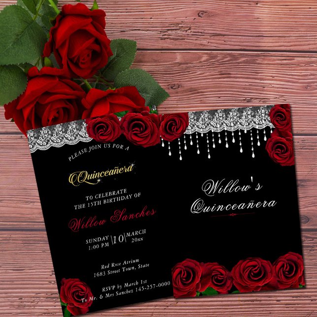 Quinceanera 15. Geburtstag Rote Rosen Weiße Spitze Einladung (Red Roses Quinceanera Invitation)