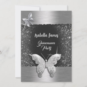 Quinceañera 15. Geburtstag schwarz silberne Folie Einladung