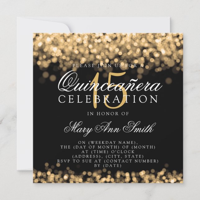 Quinceanera 15. Geburtstags-Party-Goldlichter Einladung (Vorderseite)