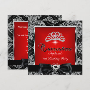 Quinceanera 15. Geburtstagsfeier Roter Damast Silb Einladung