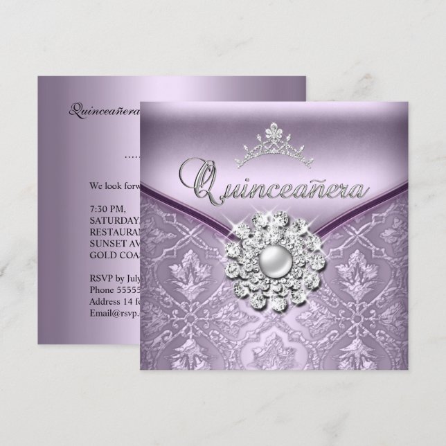 Quinceañera 15 Geburtstagsparty Damask Lilac Einladung (Vorne/Hinten)