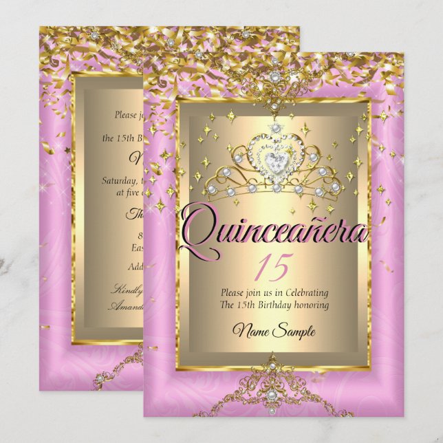 Quinceanera 15. Geburtstagsparty Gold Pink Einladung (Vorne/Hinten)