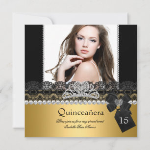 Quinceanera 15. Gold Silver Foto Black Lace Einladung
